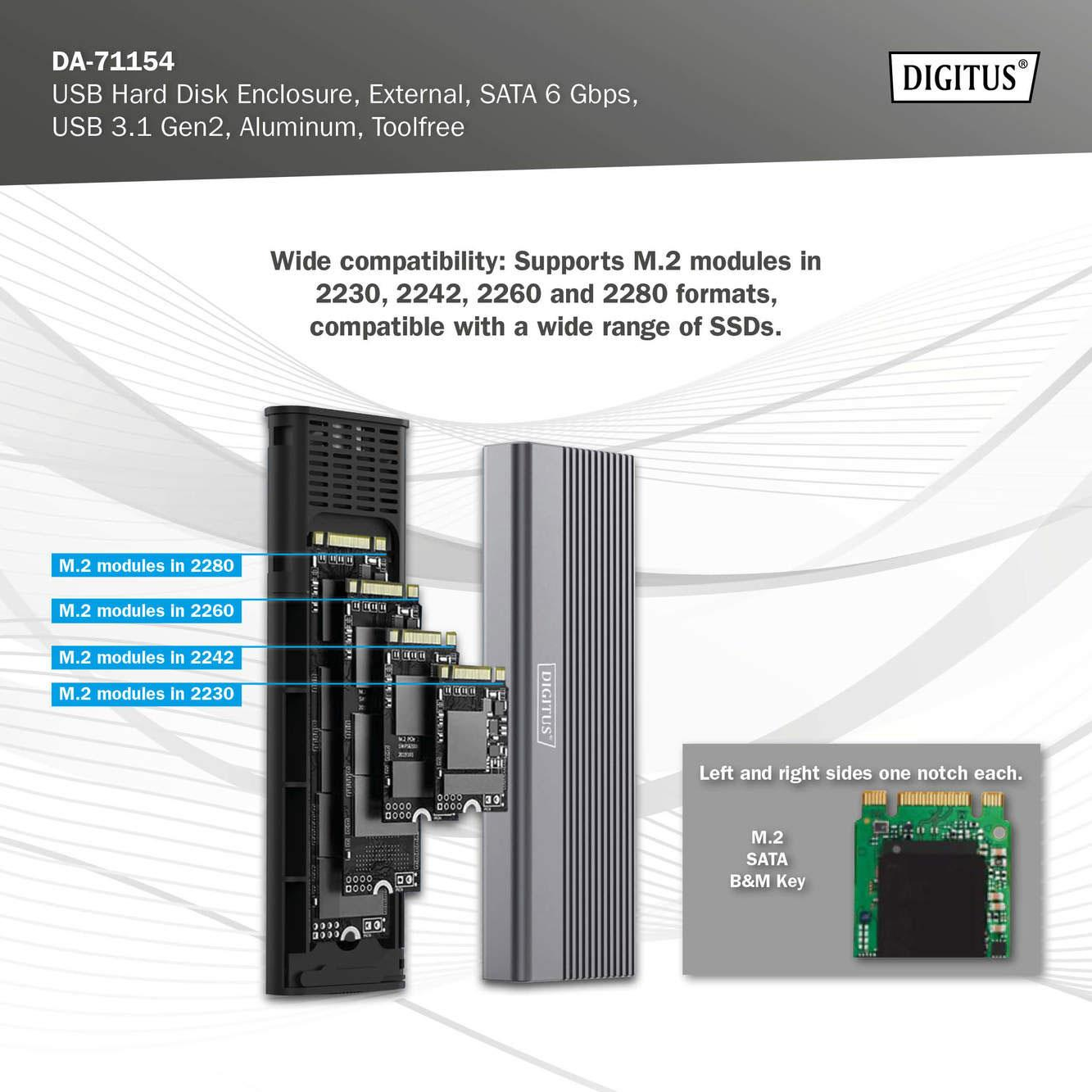 Un case USB DIGITUS grigio con SSD M.2 di varie dimensioni accanto.