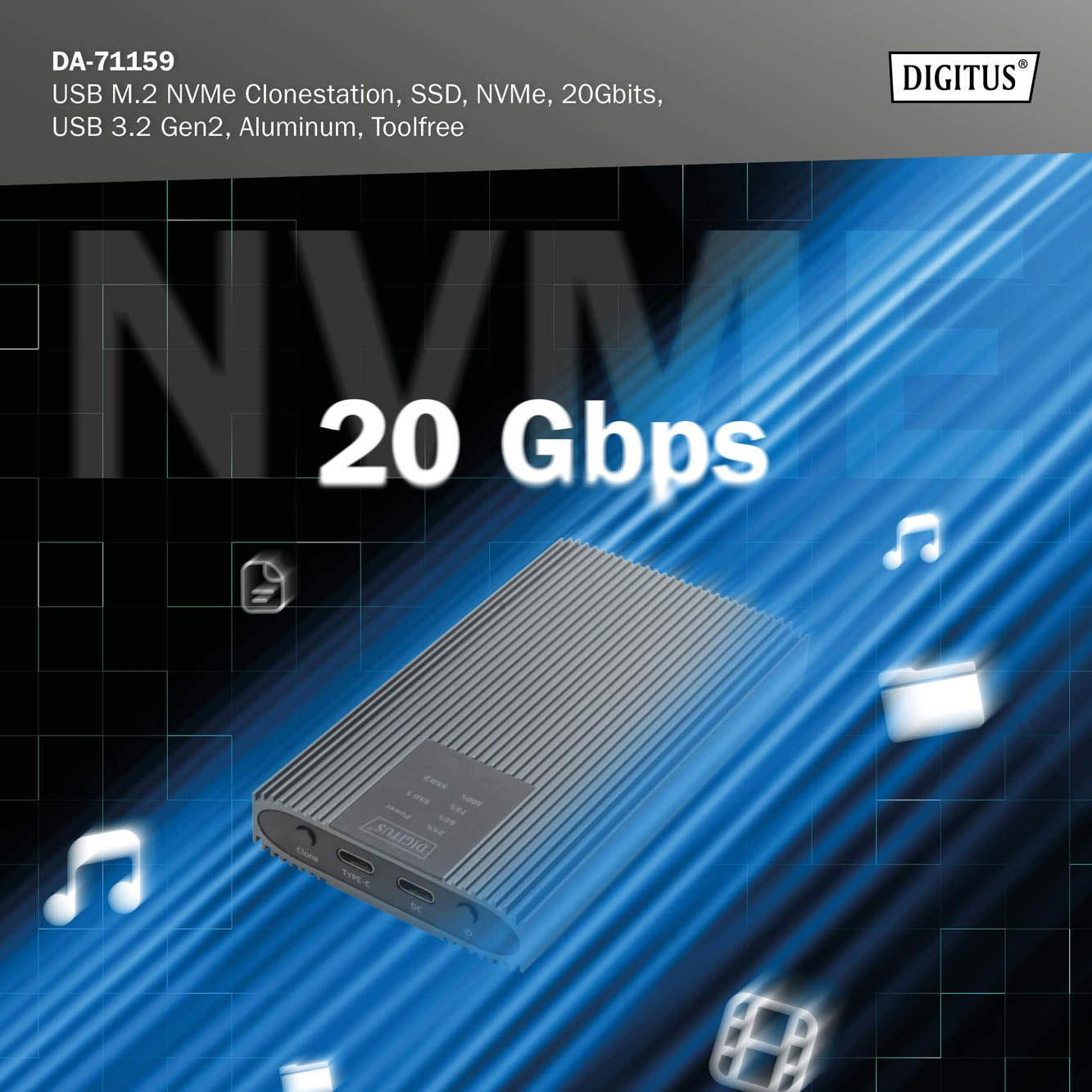 Szara obudowa NVMe 20 Gbps z ikonami cyfrowymi na niebieskim tle.