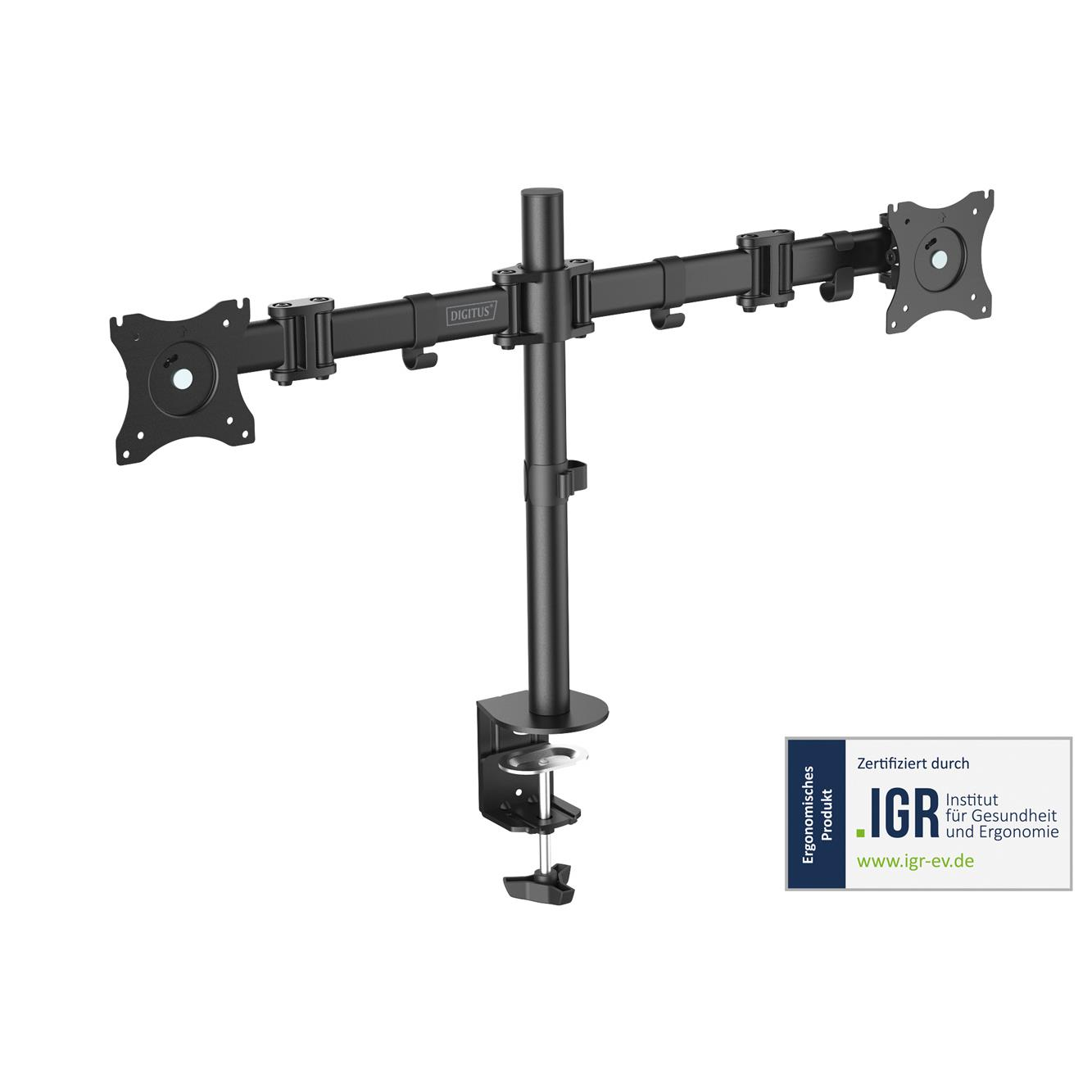 Czarny uchwyt biurkowy na dwa monitory z zaciskiem i certyfikatem IGR.