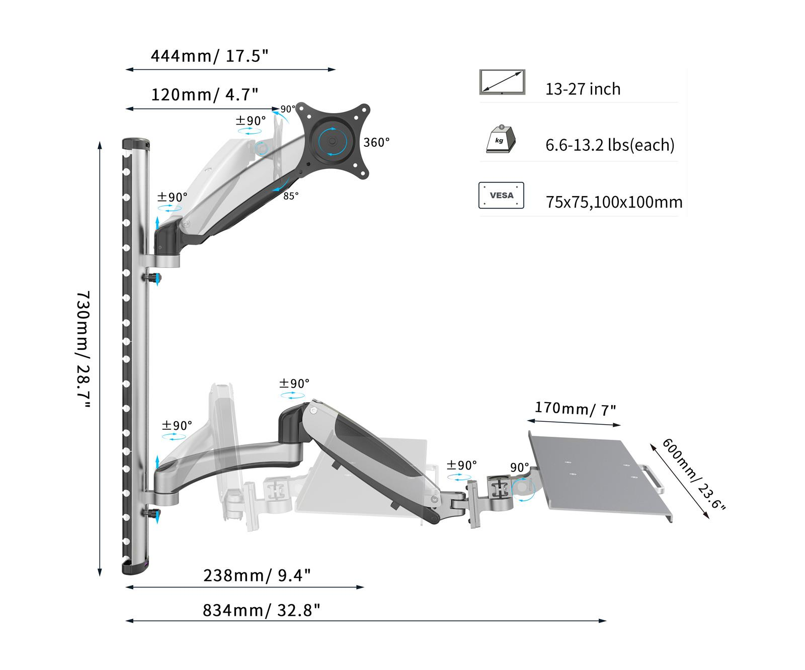 Ramię monitora z wymiarami i specyfikacjami VESA.