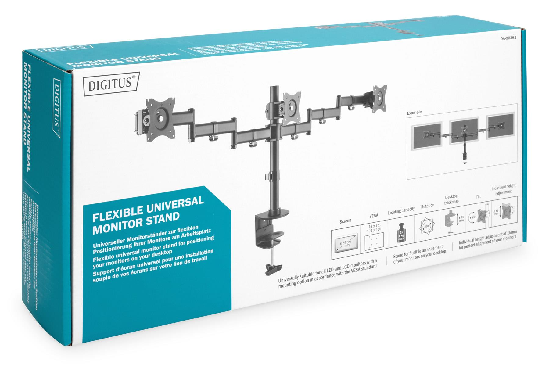 Opakowanie elastycznego stojaka na monitor z wieloma ramionami i mocowaniami VESA.