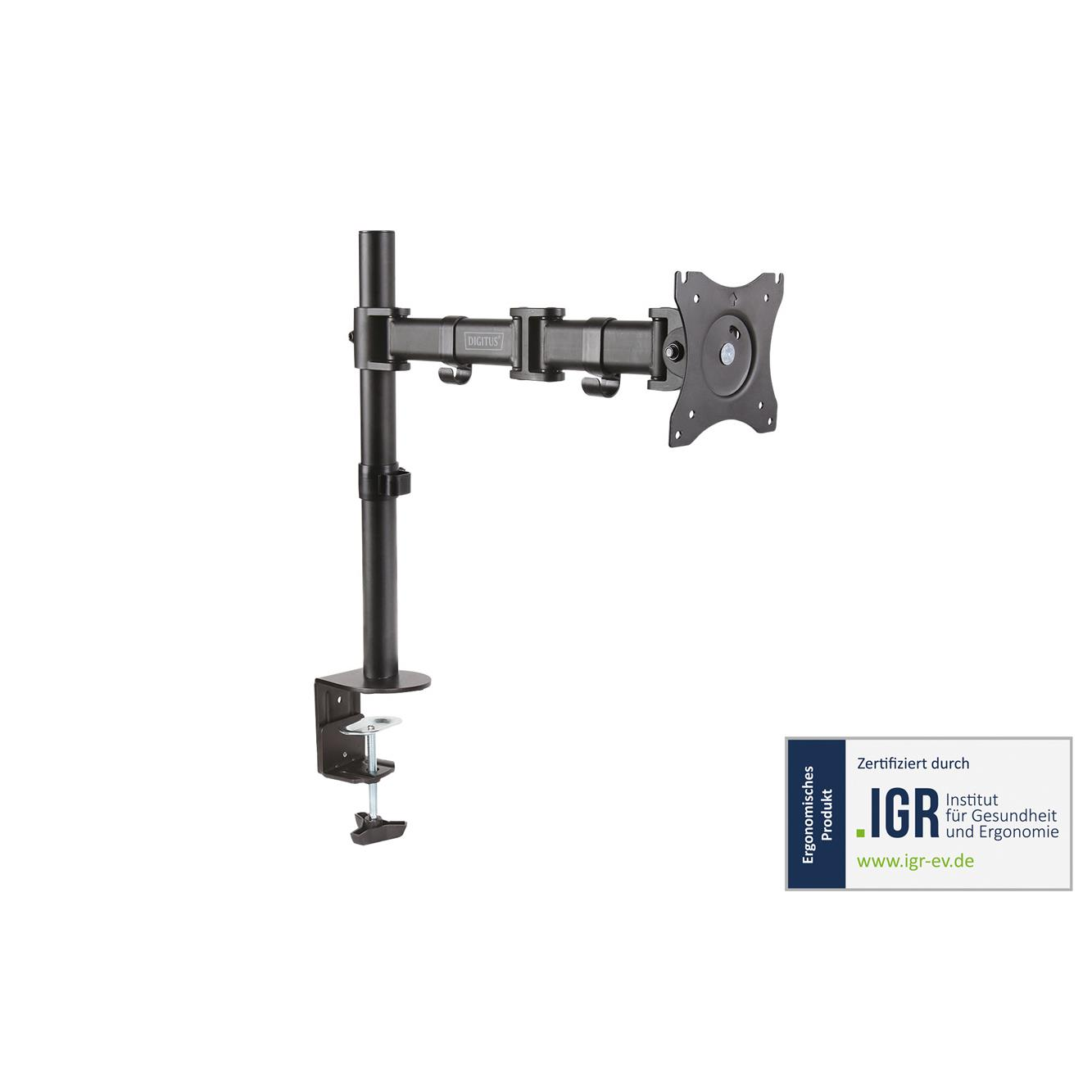 Czarny uchwyt na monitor z zaciskiem i pieczęcią certyfikatu IGR.