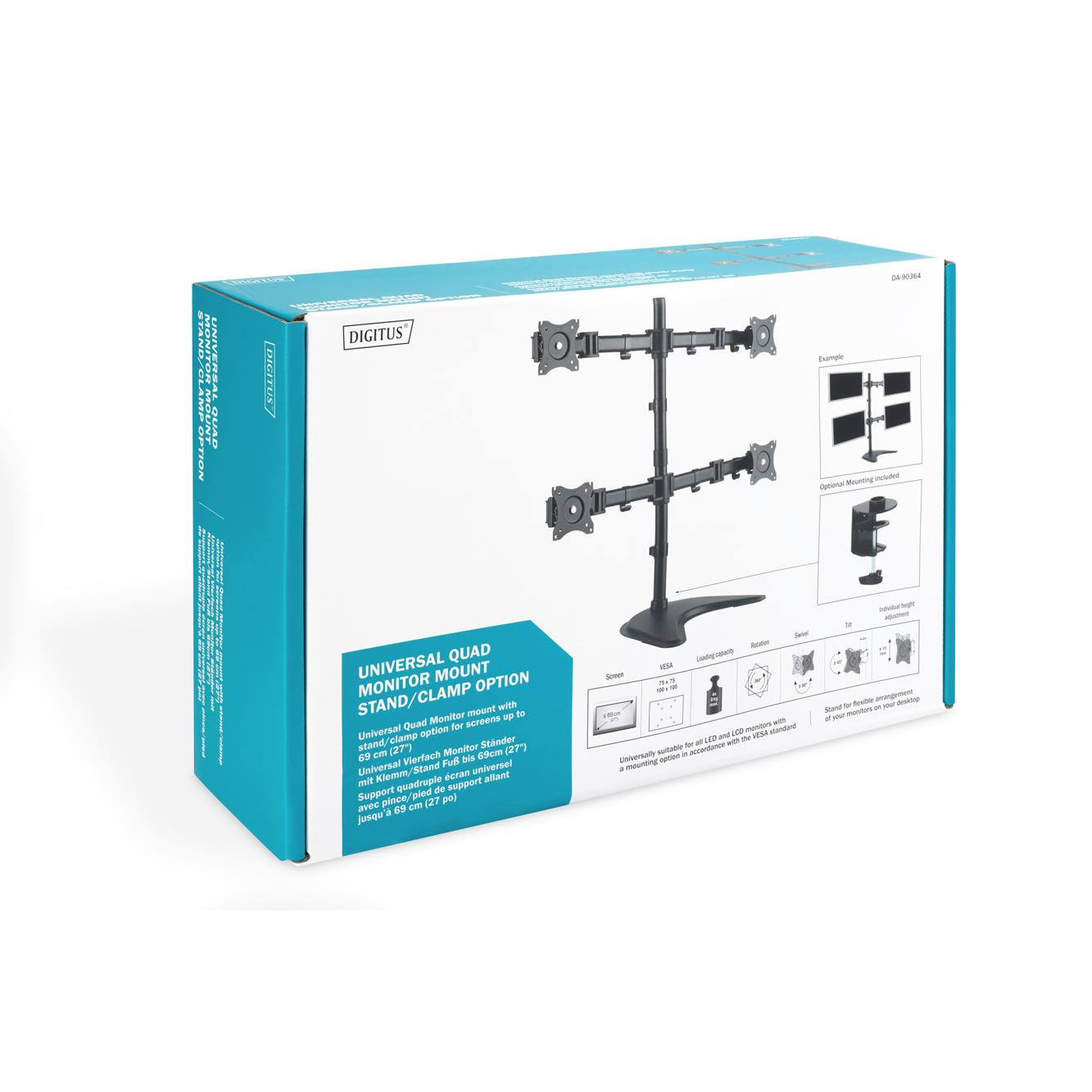 Pudełko na stojak na cztery monitory z opcją zacisku i podstawy.