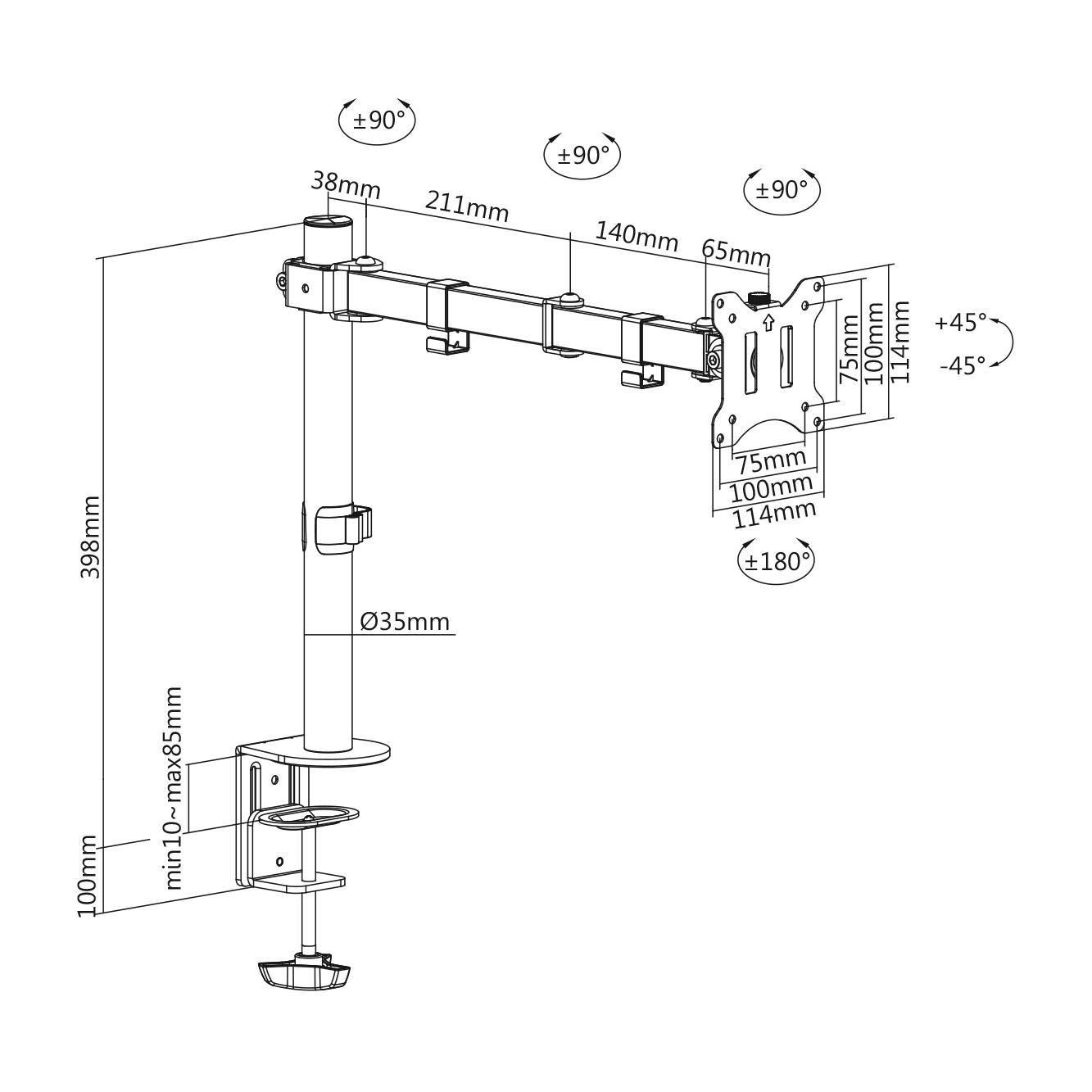 Rysunek techniczny uchwytu monitora z wymiarami i kątami.
