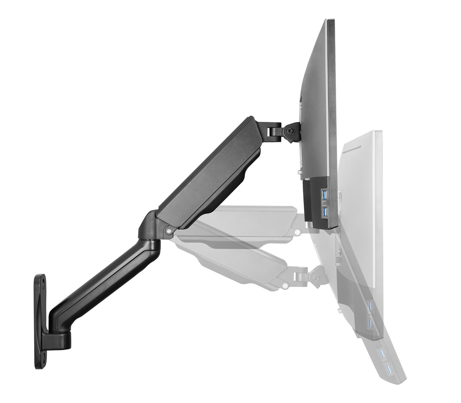 Ein schwarzer Monitorarm mit integrierten USB-Anschlüssen, an einer Wand montiert.