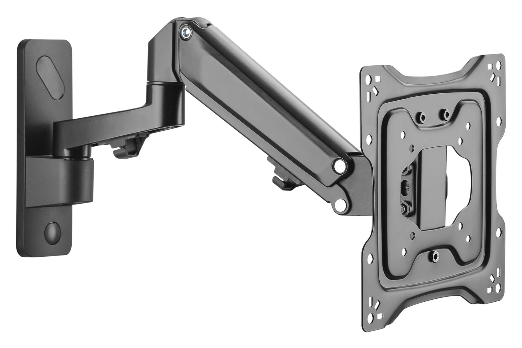 Ein schwarzer, schwenkbarer Monitorarm aus Metall mit Wandhalterung und VESA-Platte.