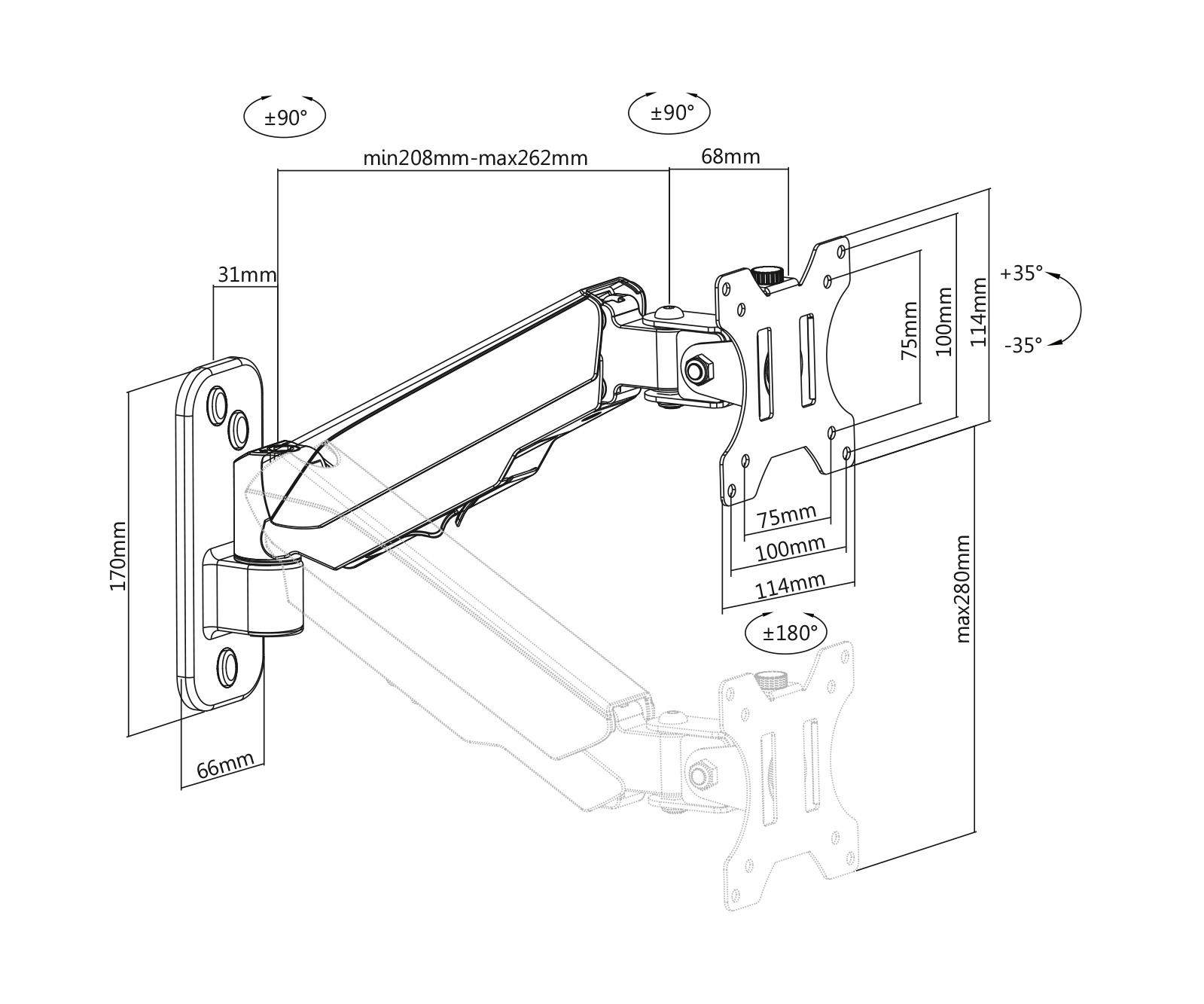Technische Zeichnung eines Monitorarms mit Maßen.