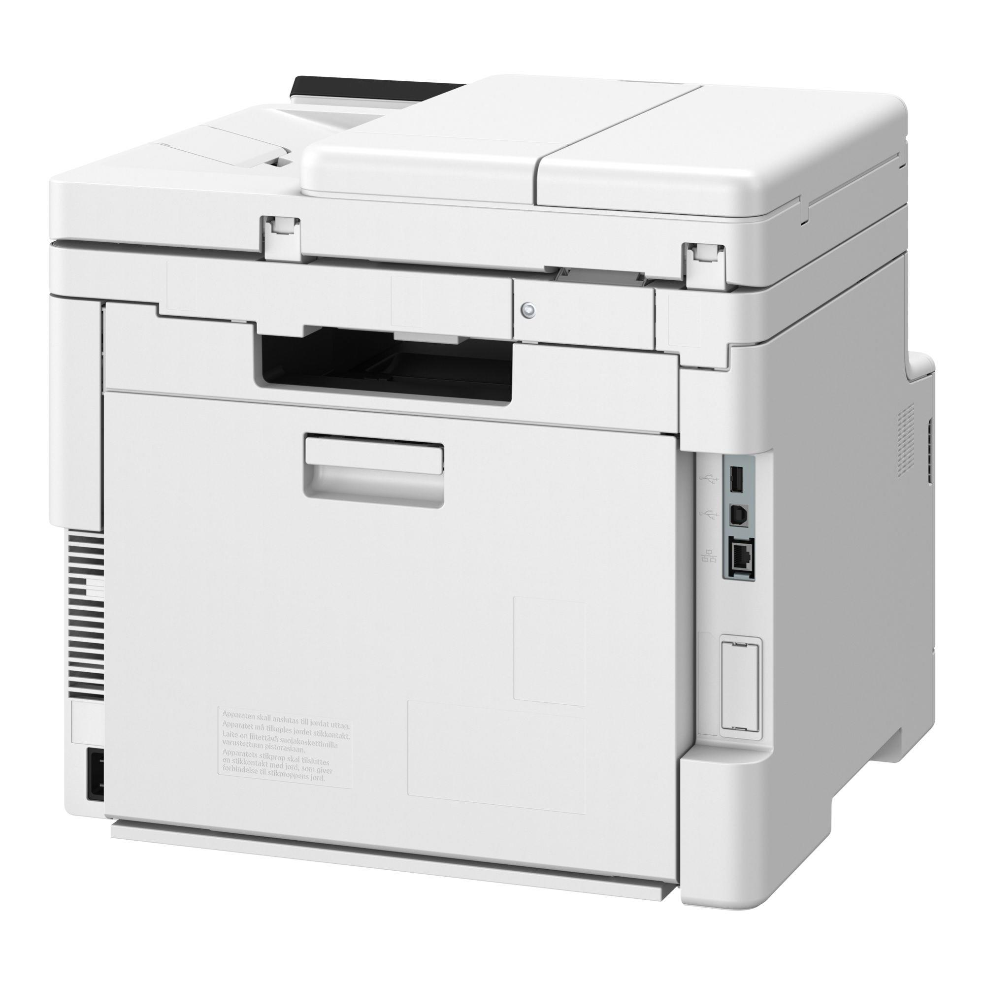 Biała drukarka wielofunkcyjna z portami z boku.