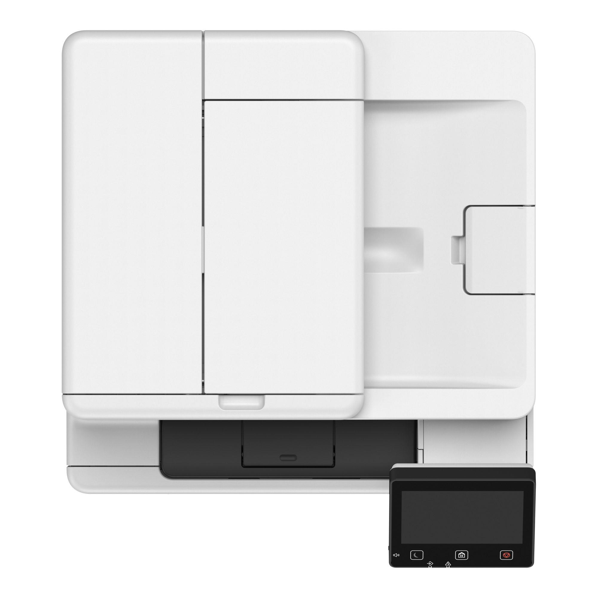 Biała drukarka z czarnym panelem sterowania dotykowego.