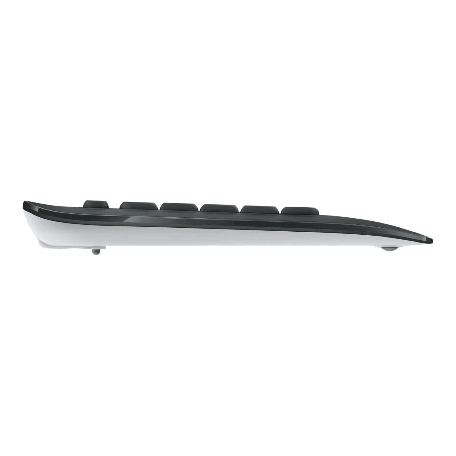 Side view of a slim, white keyboard with black keys on a white background.