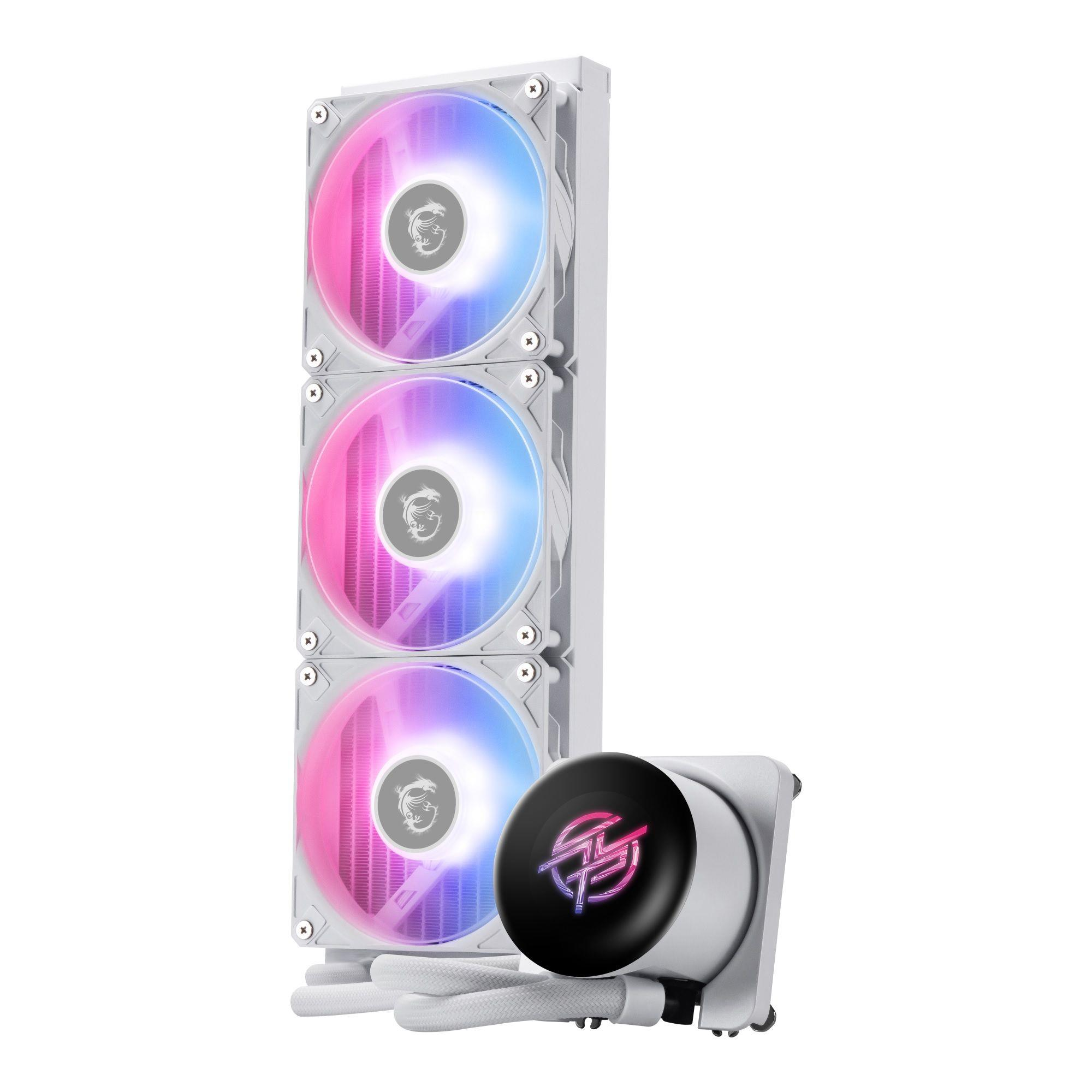 Ein weißer CPU-Kühler mit drei RGB-Lüftern und einem beleuchteten Pumpengehäuse.