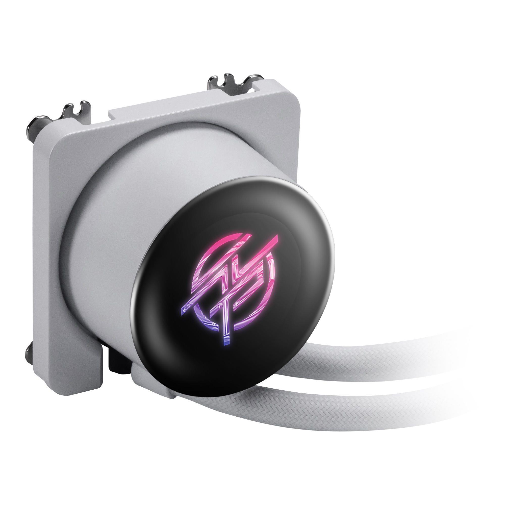 Ein weißer CPU-Kühler mit beleuchtetem Logo und weißen Schläuchen.