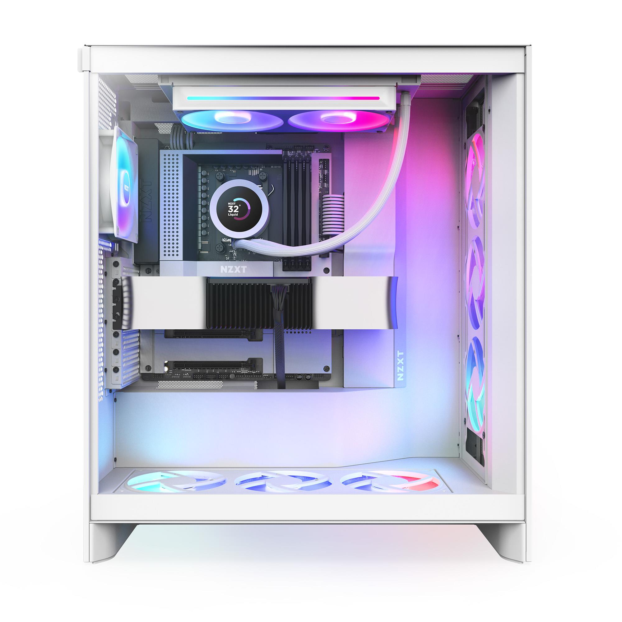 Biała obudowa komputera z wentylatorami RGB i chłodzeniem wodnym.