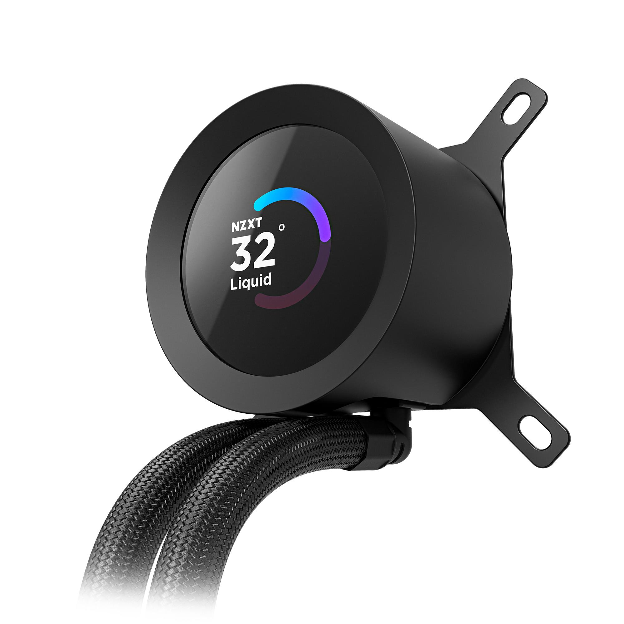 Czarna chłodnica cieczy z cyfrowym wyświetlaczem pokazującym 32°C.