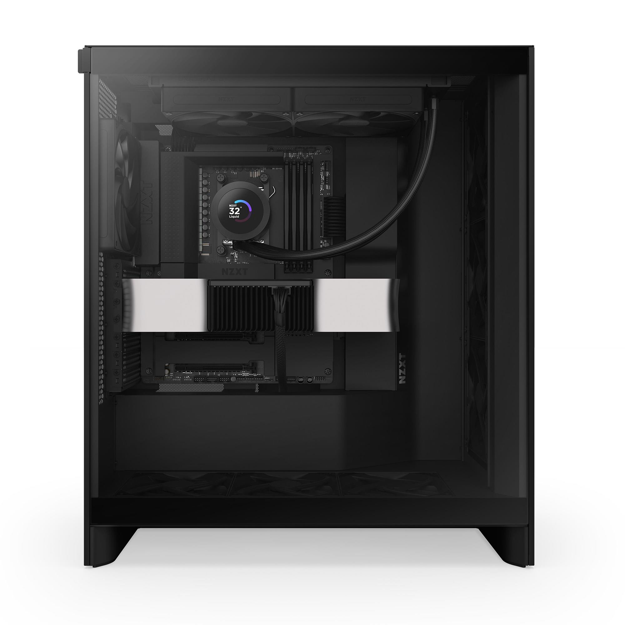 Intérieur de PC noir avec refroidissement liquide et ventilateurs.