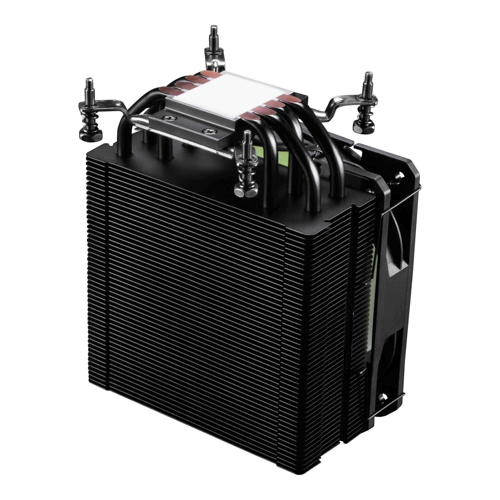 Czarny cooler CPU z miedzianymi rurkami cieplnymi i aluminiowymi żeberkami.