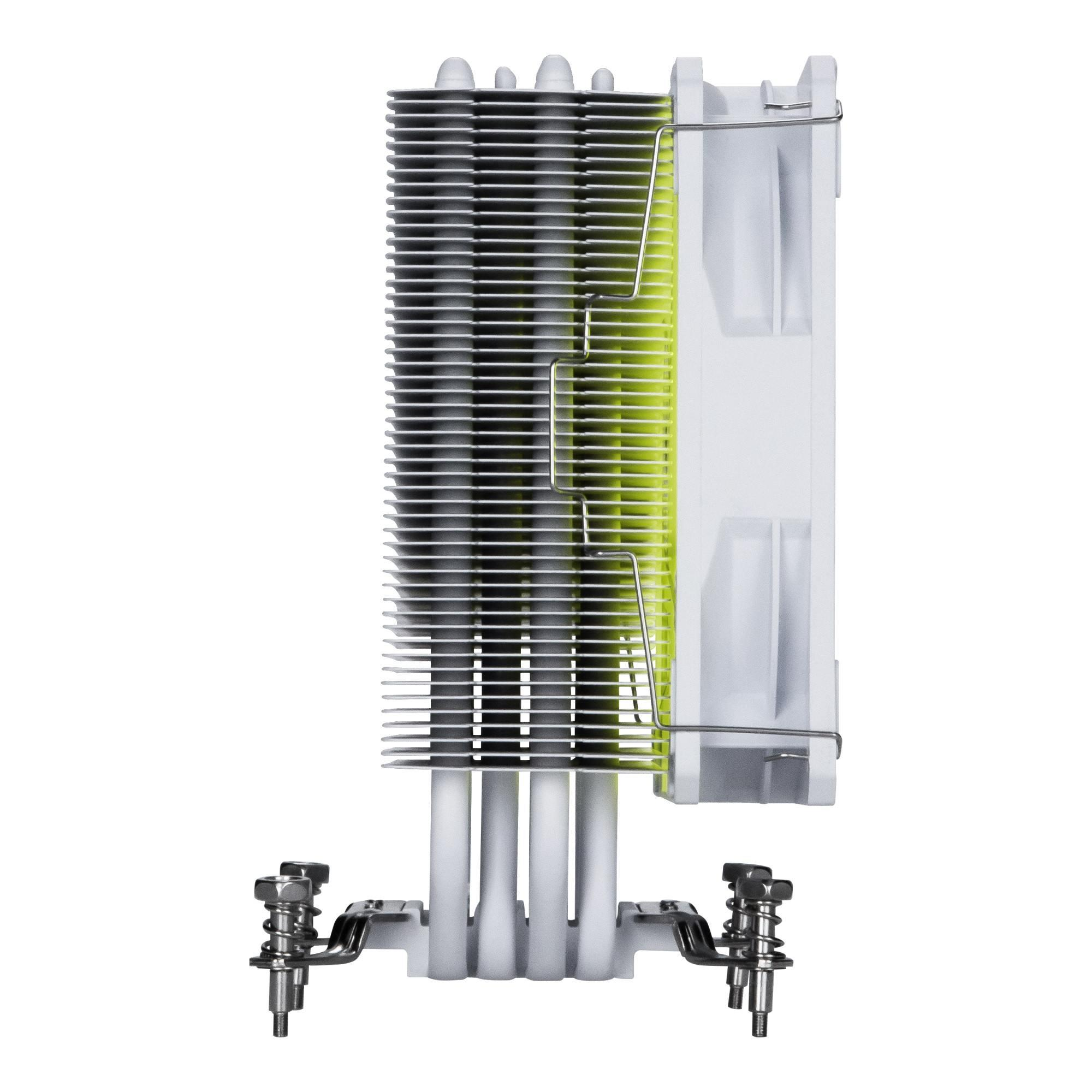 Biała chłodnica procesora z srebrnymi żeberkami i zielonymi akcentami.