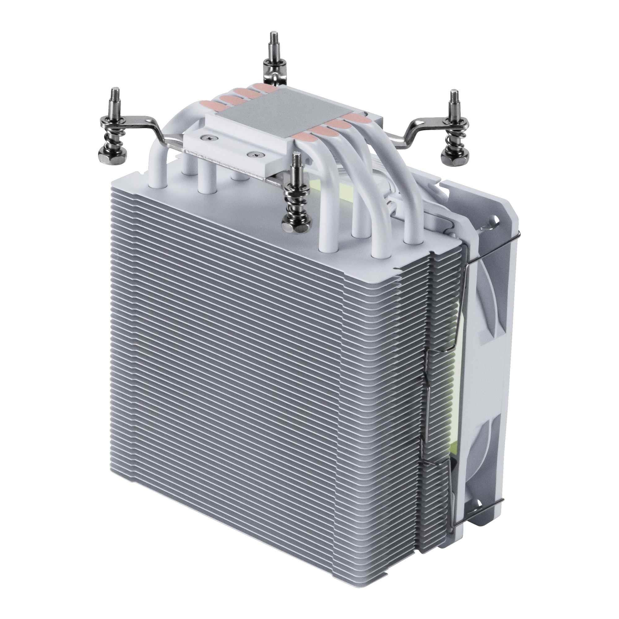 Srebrny cooler CPU z rurkami cieplnymi i wspornikami montażowymi wentylatora.