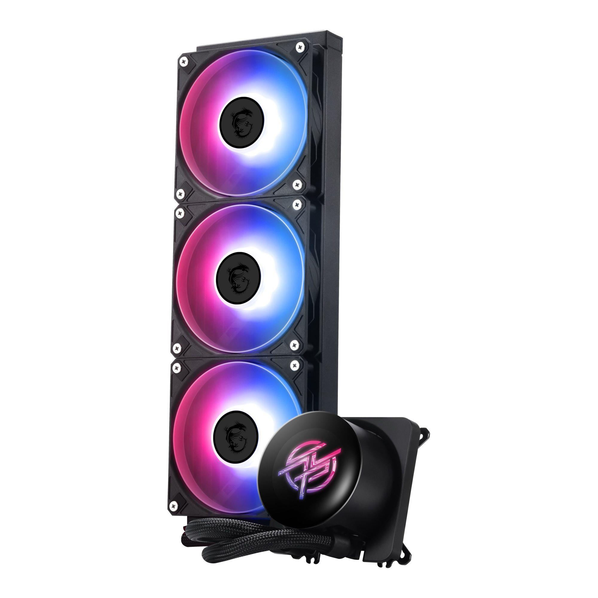Ein schwarzer CPU-Kühler mit drei RGB-Lüftern und einer runden Pumpe.