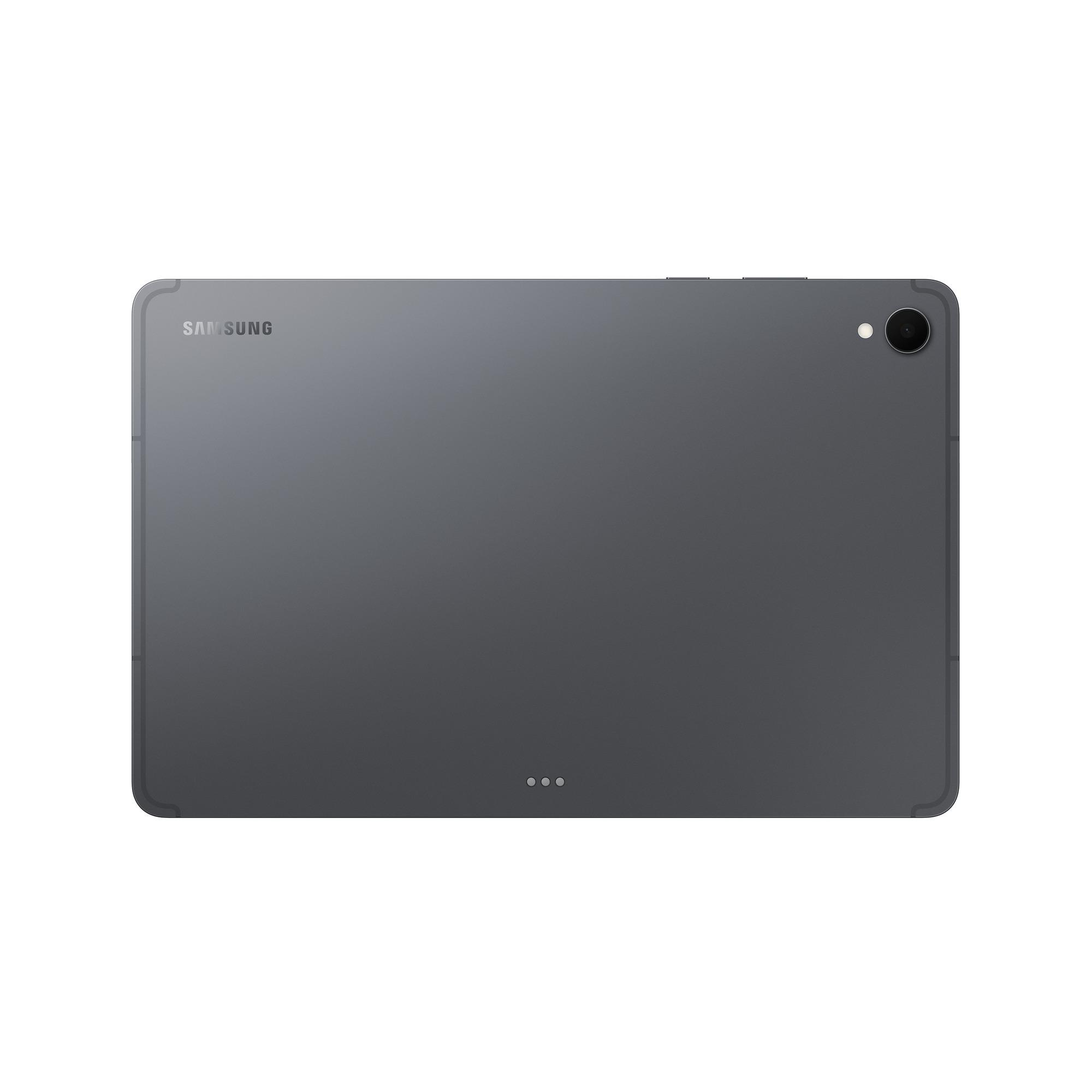 Rückseite eines dunklen Samsung Tablets mit Kamera und drei Ladekontakten.