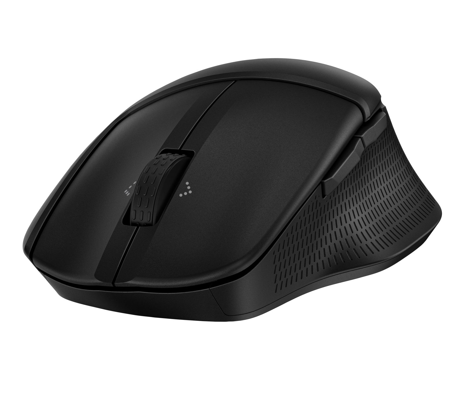 Ratón de ordenador negro con rueda de desplazamiento y laterales texturizados.