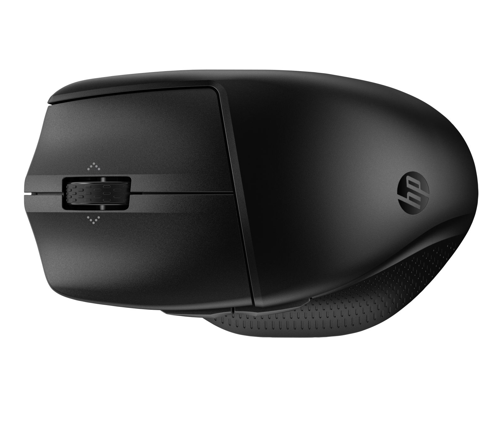 Ratón de ordenador HP negro con rueda de desplazamiento y botones laterales.