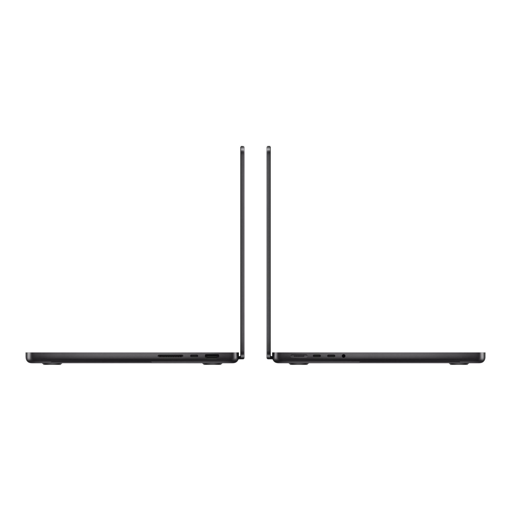 Zwei dunkle Laptops nebeneinander, Ansicht von der Seite. Ports sind sichtbar.