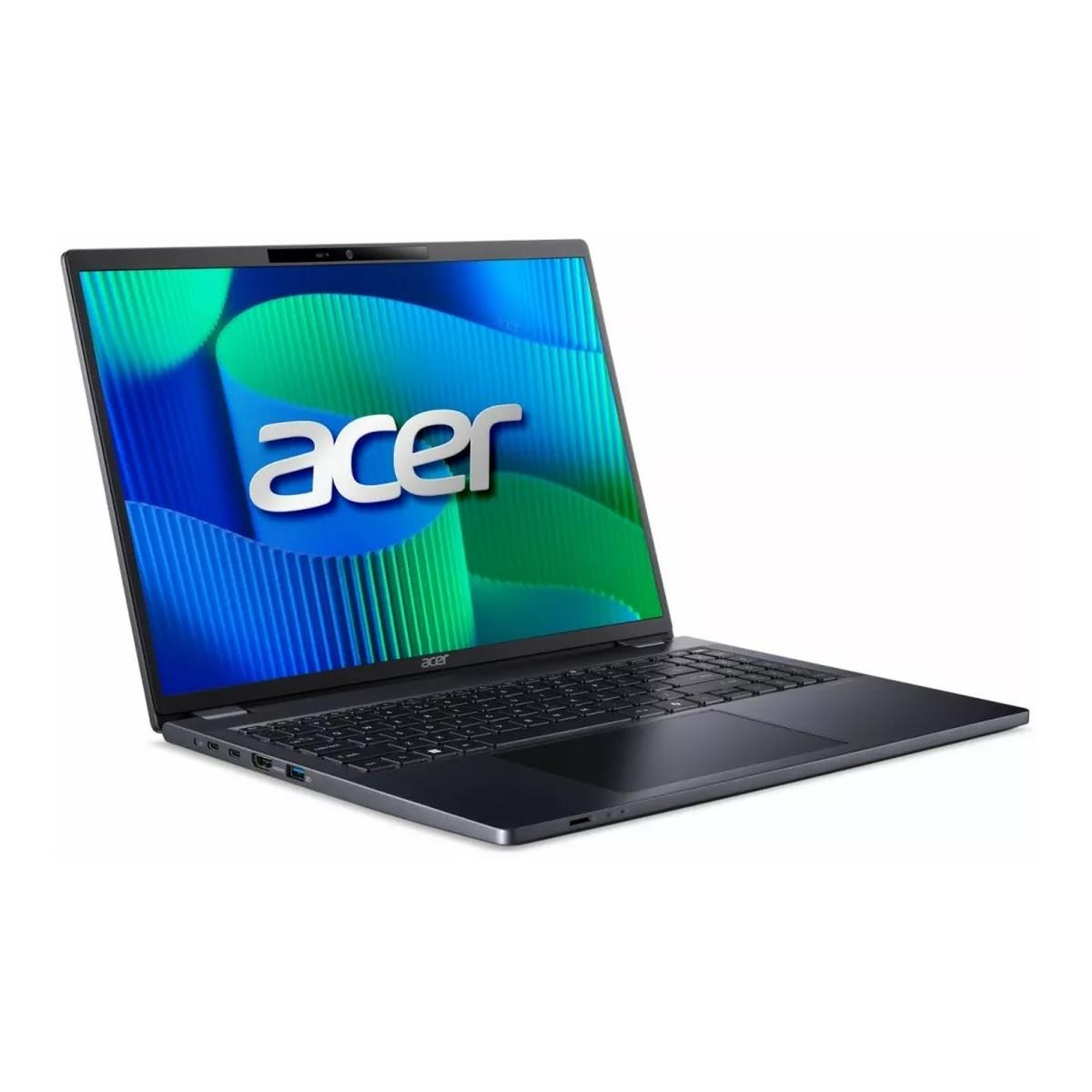 Otwarty czarny laptop Acer z niebiesko-zieloną tapetą na ekranie.
