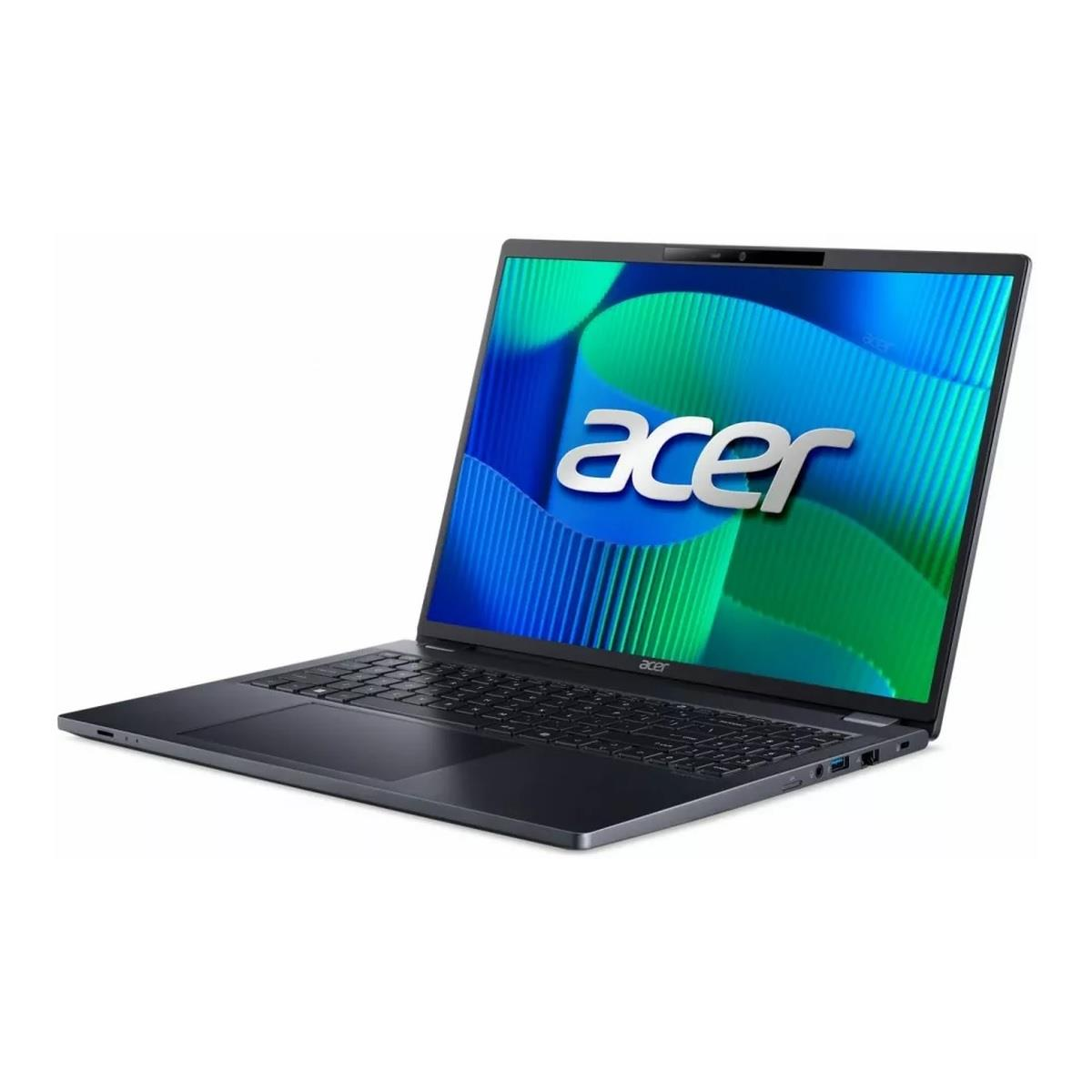 Otwarty ciemnoszary laptop Acer z niebiesko-zielonym tłem na ekranie.