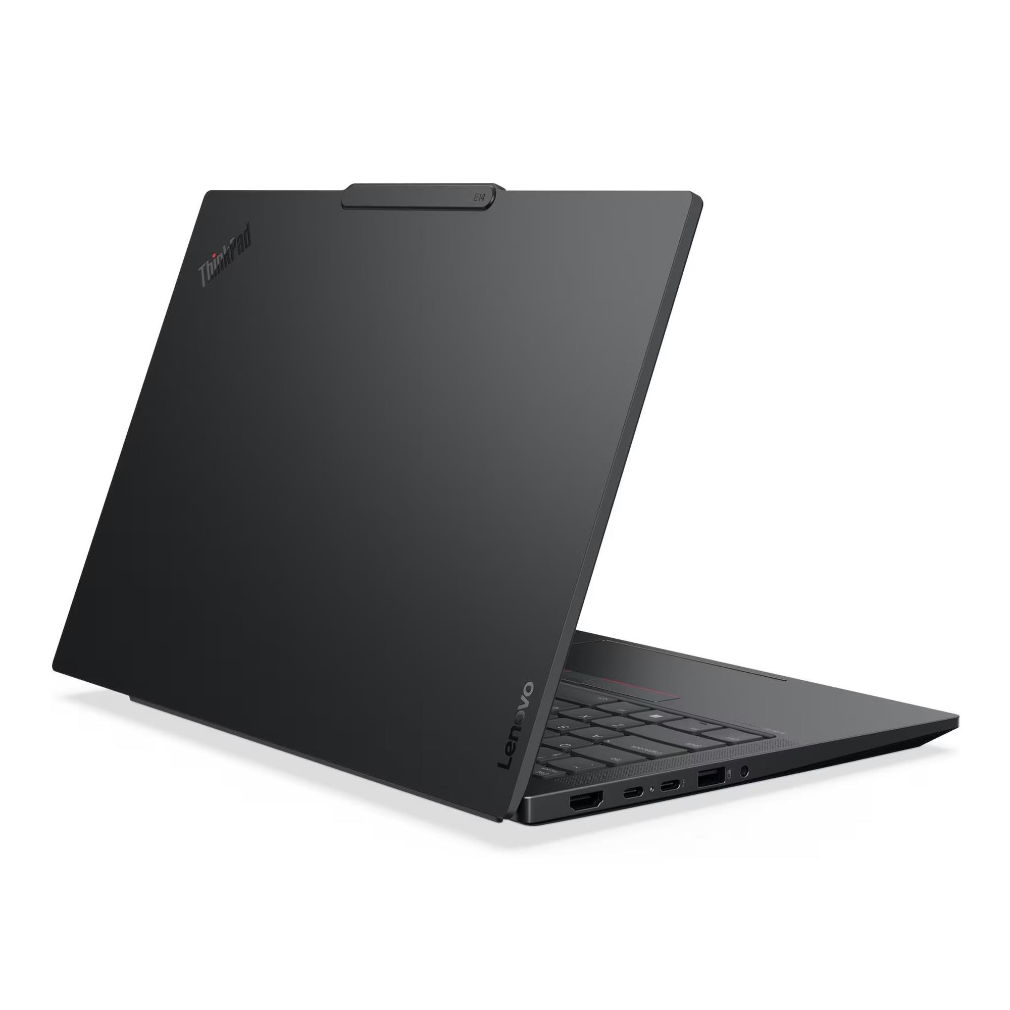 Czarny laptop Lenovo ThinkPad, częściowo otwarty, z klawiaturą i portami.