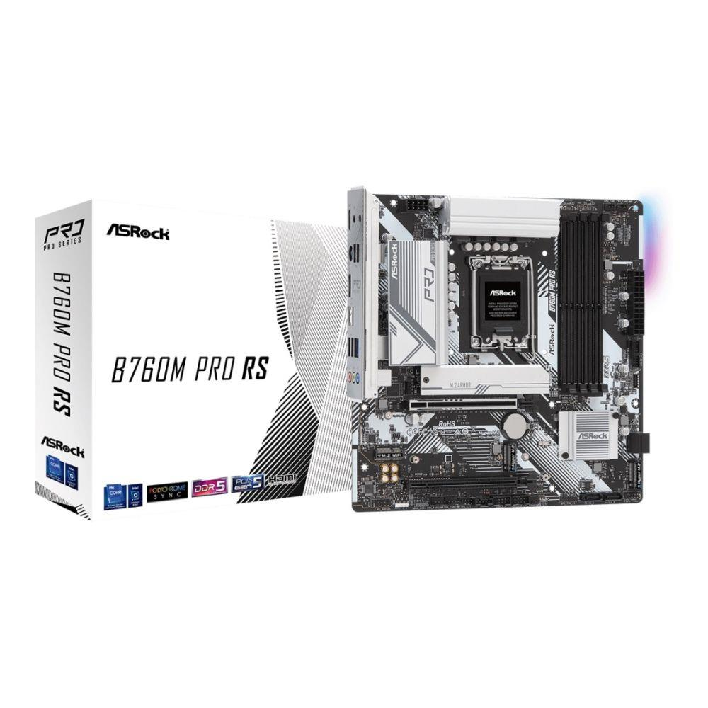 Płyta główna ASRock B760M PRO RS i pudełko, biało-czarne.