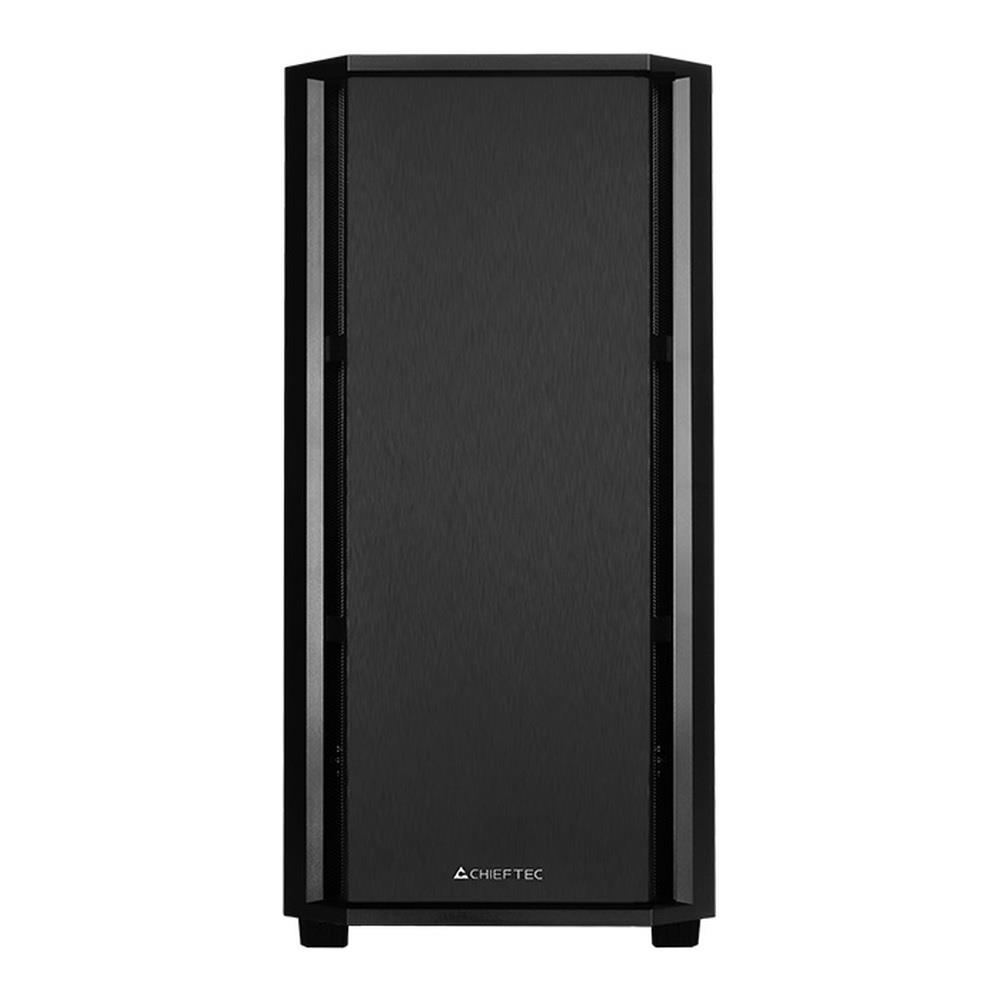 Czarna obudowa komputera z siatkowym frontem i logo na dole.