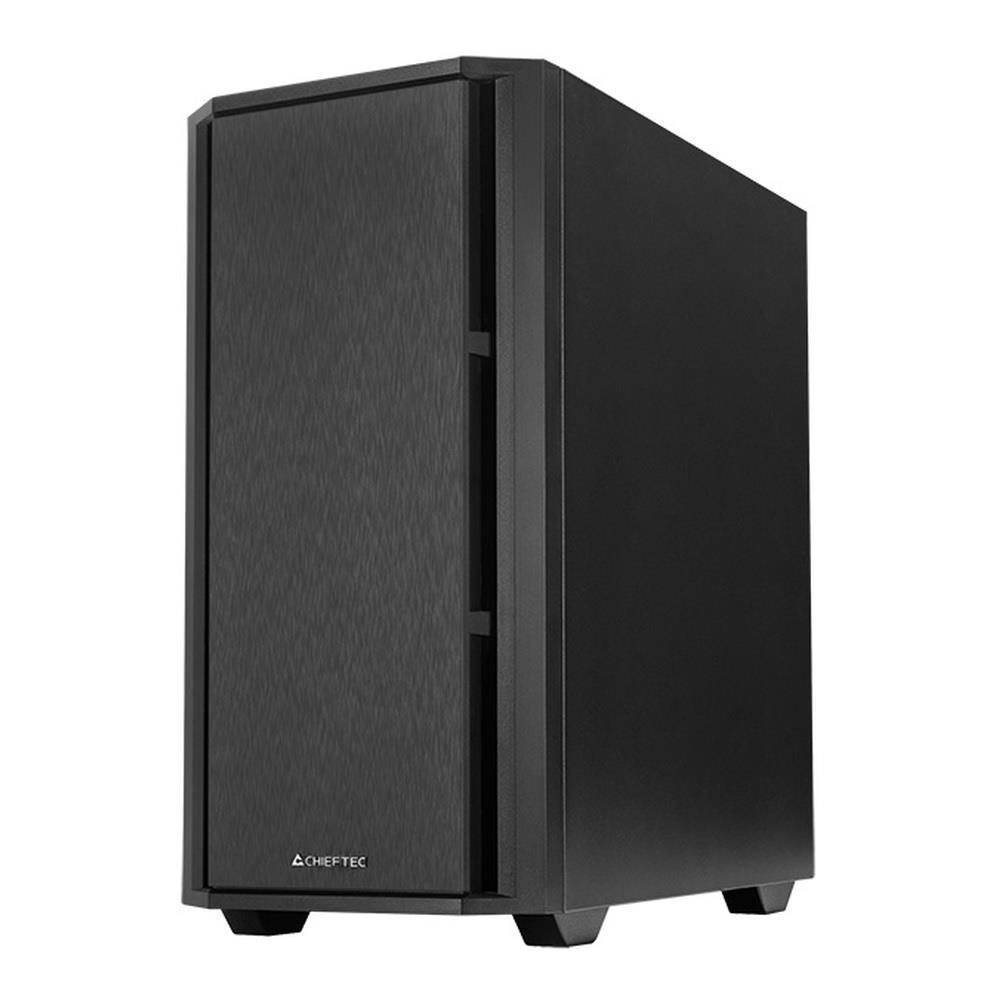 Czarna obudowa komputera z żebrowanym panelem przednim i białym tłem.