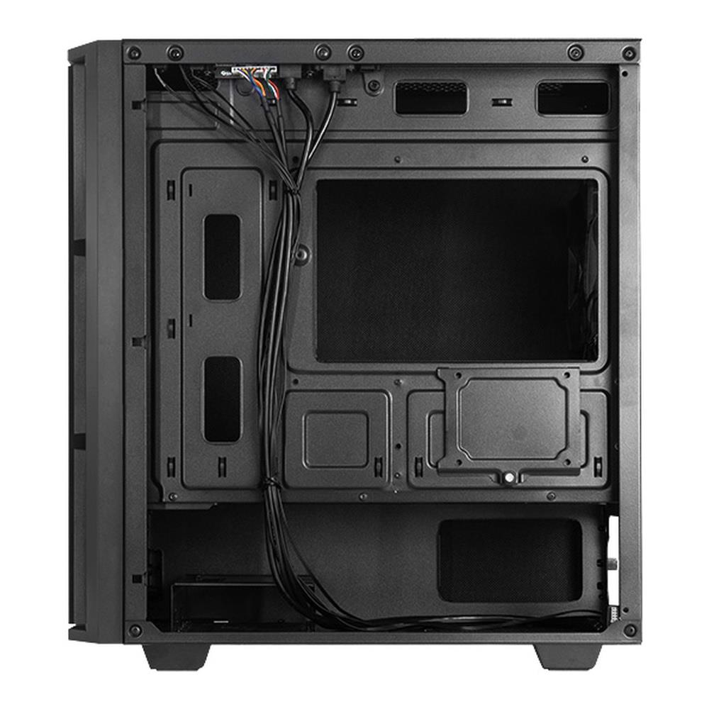 Widok z tyłu otwartej, czarnej obudowy komputera z kablami.