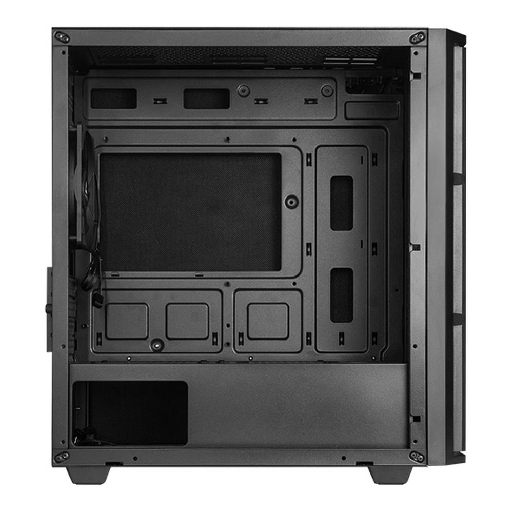 Pusta czarna obudowa komputera z otwartym panelem bocznym.