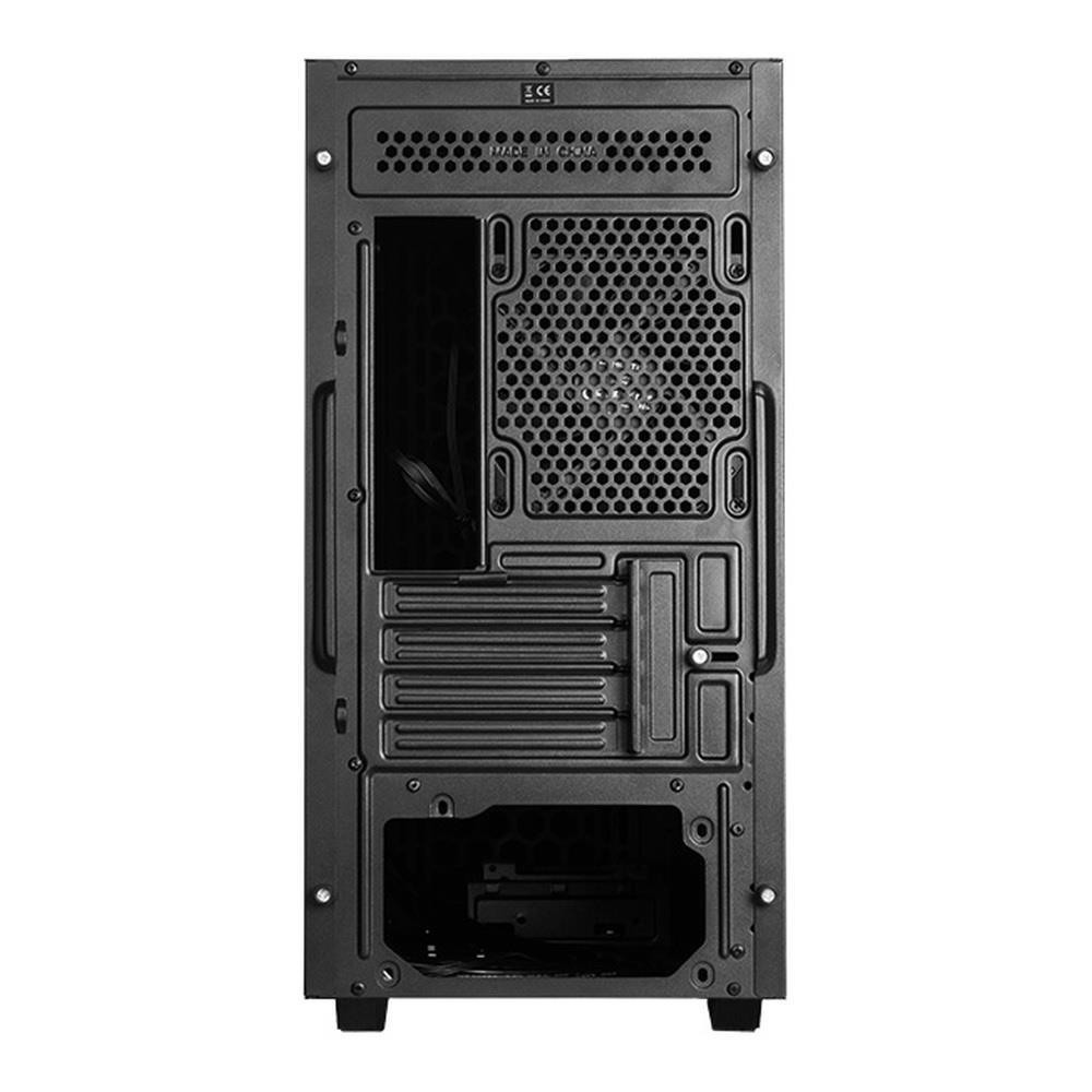 Tył czarnej obudowy komputera z otworami wentylacyjnymi i portami.