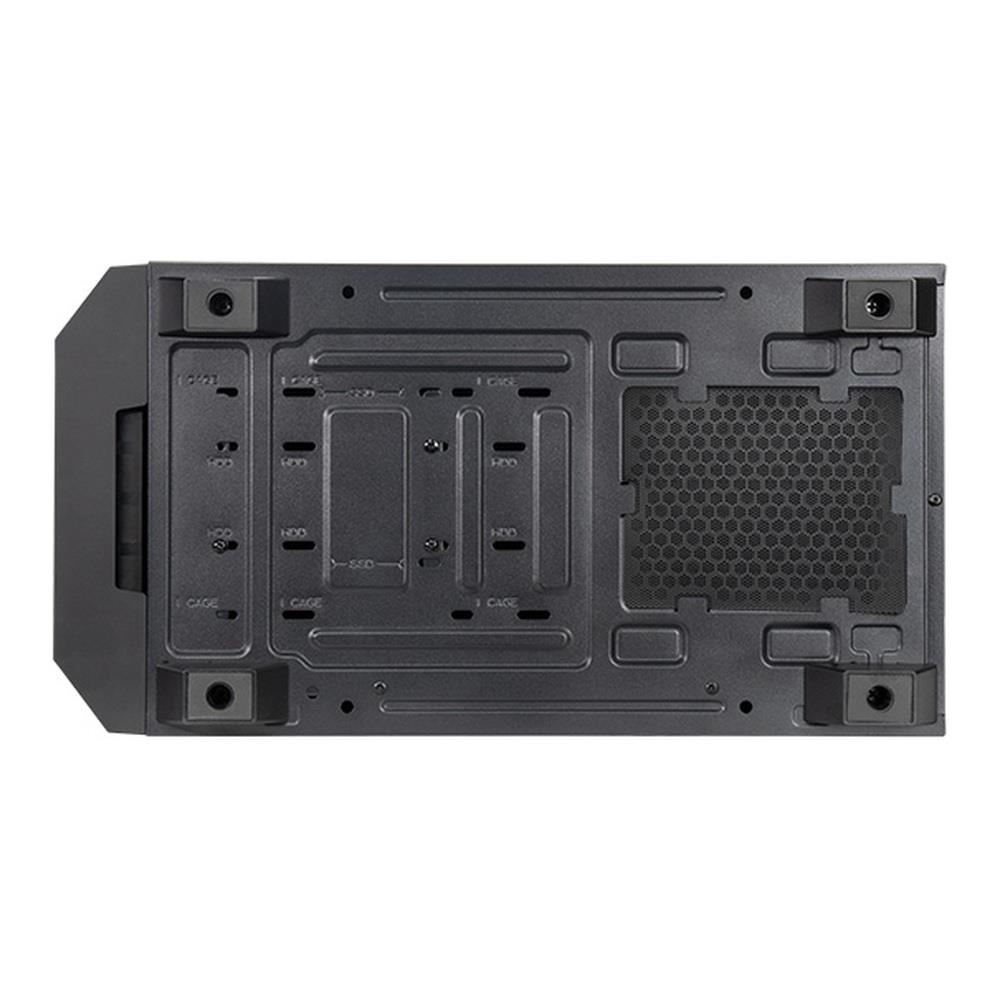 Spód czarnej obudowy komputera z otworami wentylacyjnymi i punktami montażowymi.