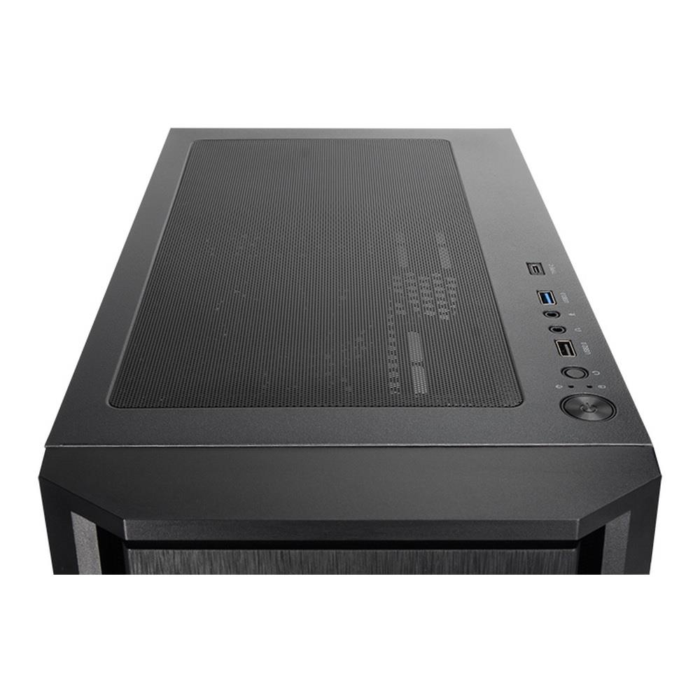 Czarna obudowa komputera z kratką wentylacyjną na górze i portami.