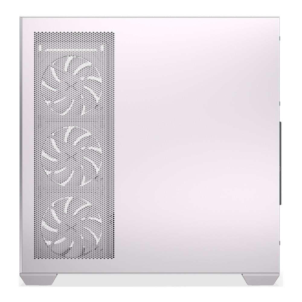 Biała obudowa komputera z trzema wentylatorami po lewej stronie.