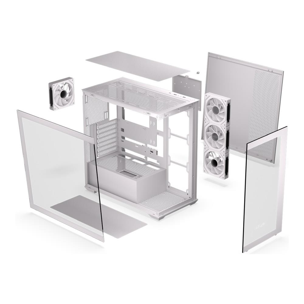Biała obudowa komputera z rozłożonymi częściami, wentylatorami i szklanymi panelami.