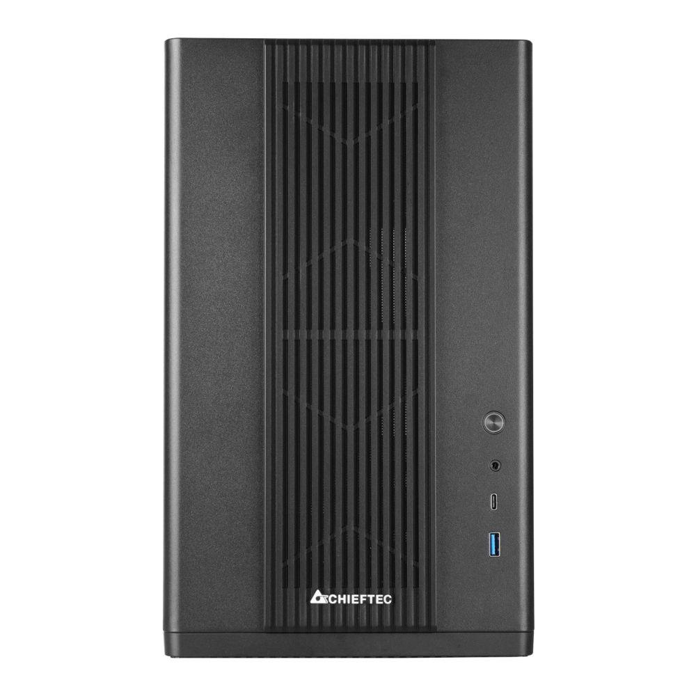 Czarna obudowa komputera z pionowymi szczelinami wentylacyjnymi i portami z przodu.