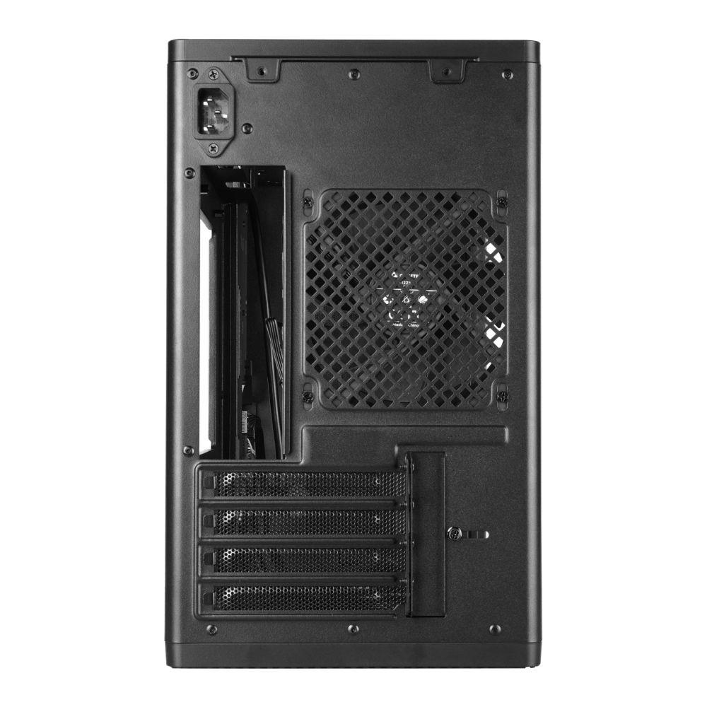 Tył czarnej obudowy komputera z kratkami wentylatora i portami.