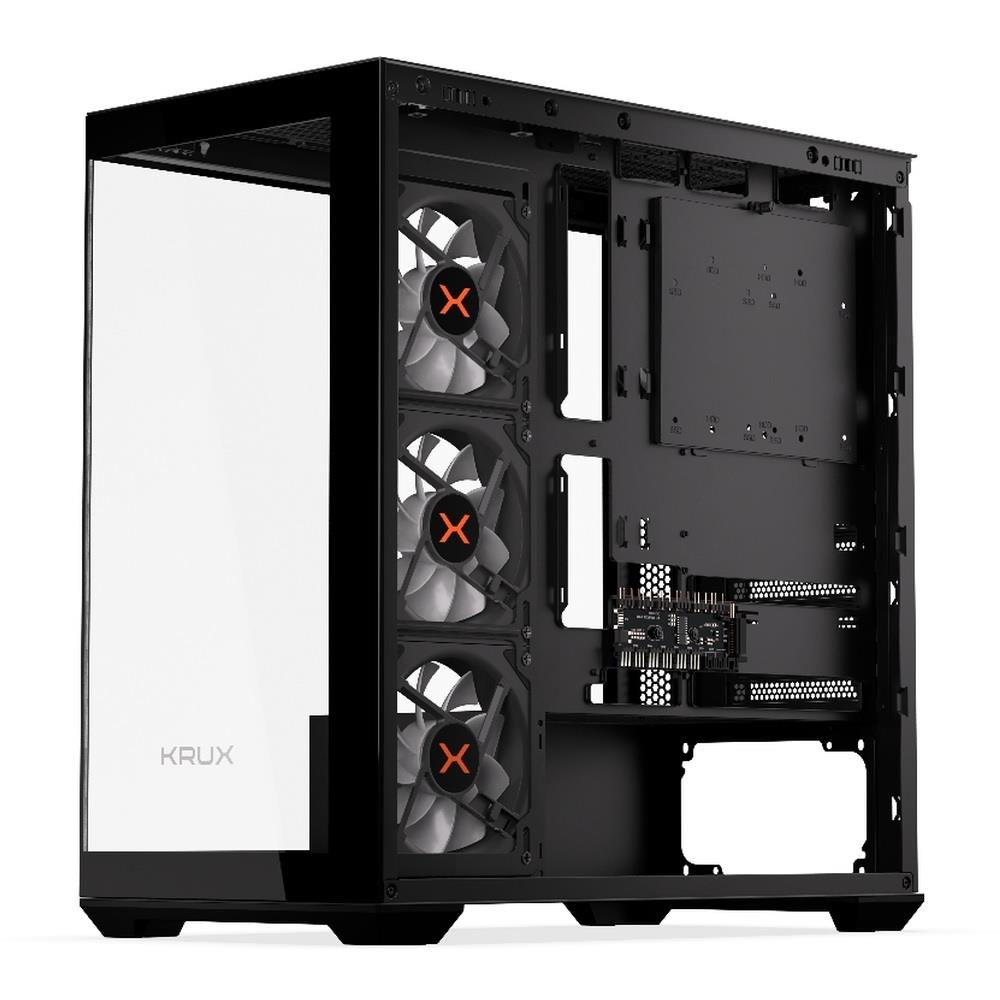 Czarna obudowa komputera z trzema podświetlanymi wentylatorami i szklanym oknem.