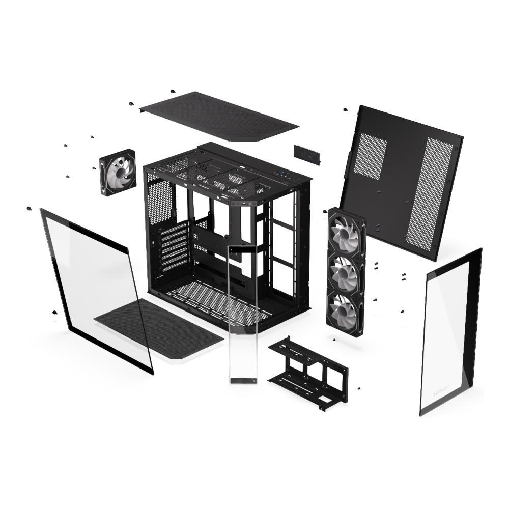 Widok rozłożonej obudowy komputera z wentylatorami, szklanymi panelami i ramą główną.
