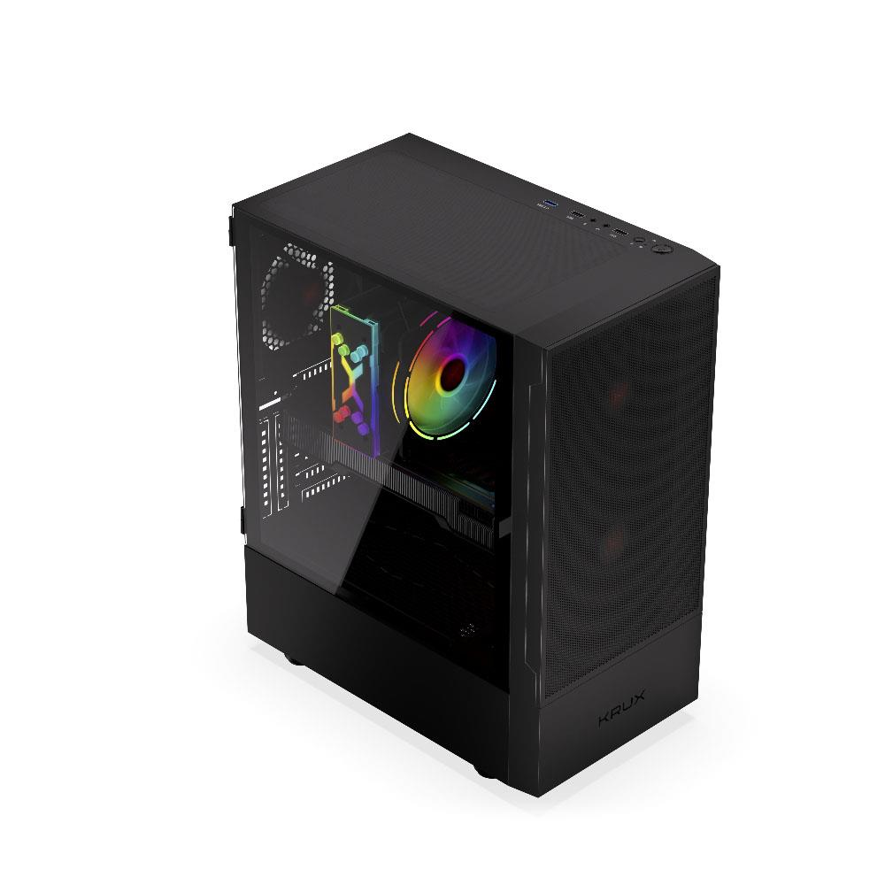 Czarna obudowa PC z przeszklonym frontem i wentylatorem RGB.