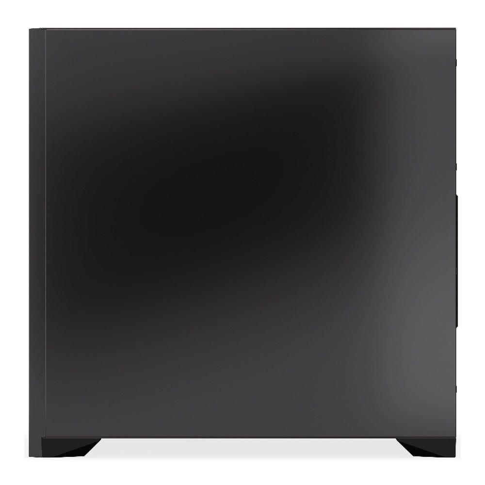 Czarna, prostokątna obudowa komputera z ukośnymi nóżkami na białym tle.