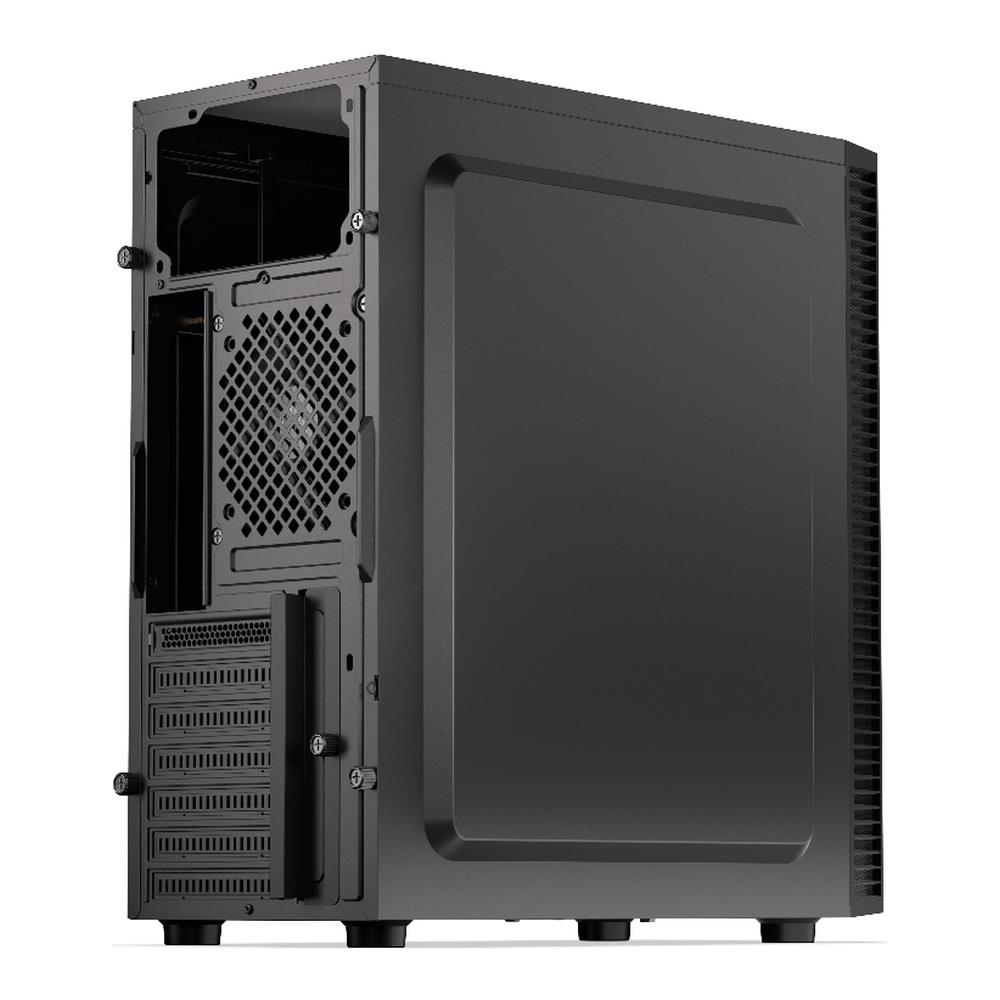 Czarna obudowa komputera z otworami wentylacyjnymi i portami z tyłu. Widok z boku.