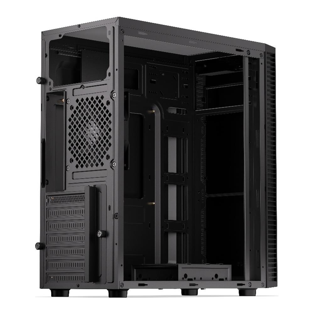 Pusta czarna obudowa komputera widziana od przodu, z otwartymi bokami.