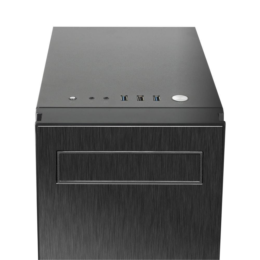 Czarna obudowa komputera z szczotkowanym panelem przednim i przyciskami na górze.