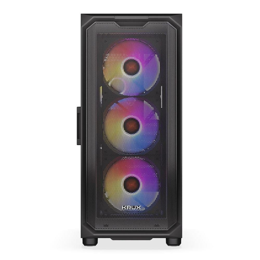 Czarna obudowa komputera z trzema kolorowymi wentylatorami z przodu.